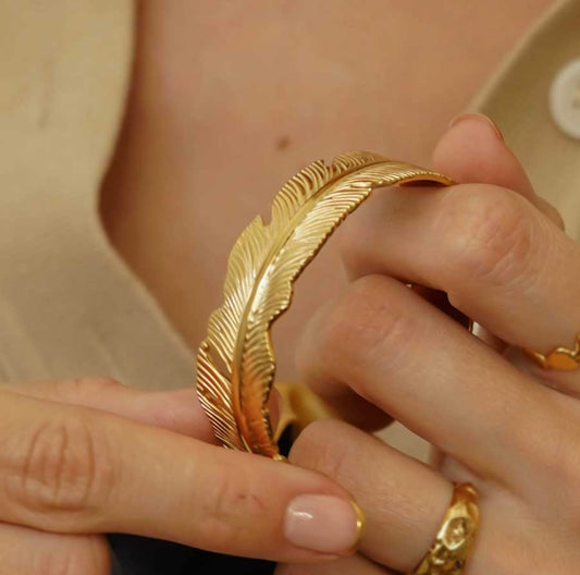 Gold Feather Bangle Bracelet